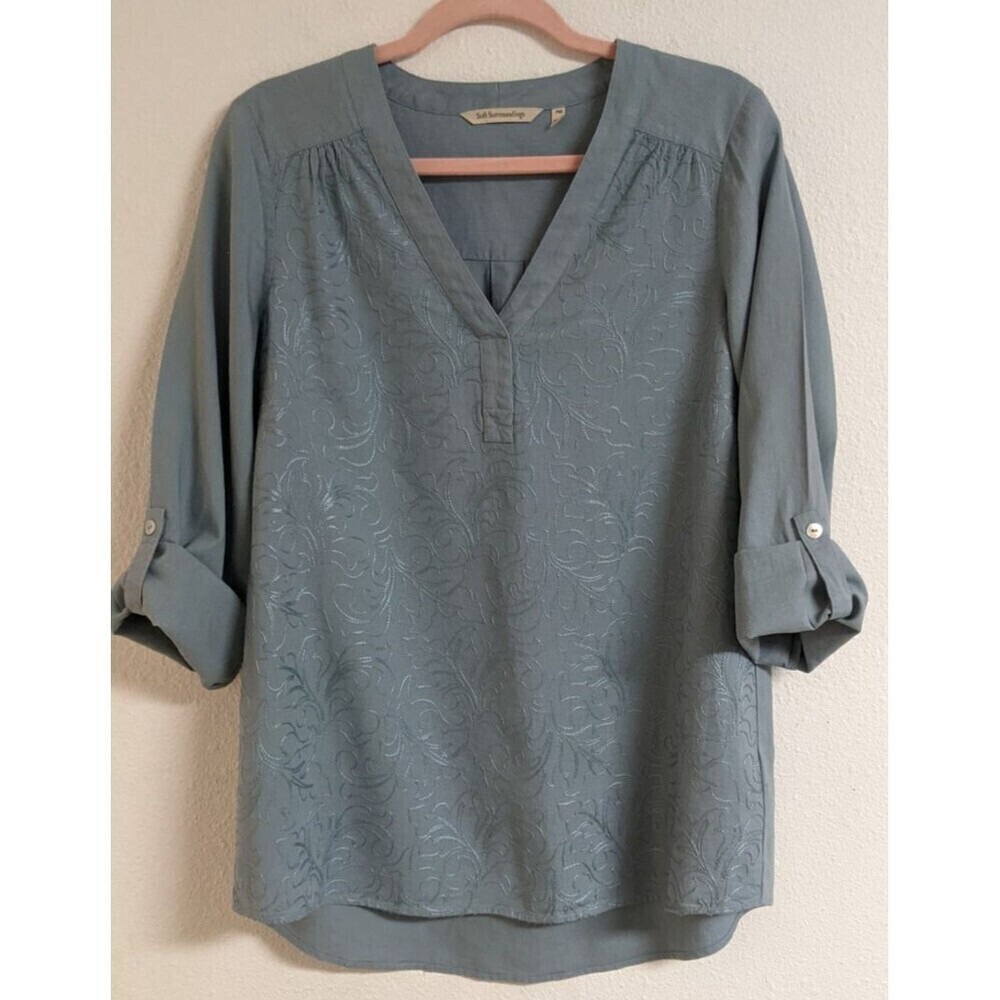 Women's Soft Surroundings Blue Lillith Arona Linen Boho Tunic Embroidered Top PM - Picture 2 of 13